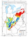 As a first step toward a predictive model of hotspots of species richness based on the predictive variables outlined above, the probabilities of each group within each grid cell were summed (excluding fish which do not occur at all in the Central Appalachians, making predictions impossible). The probabilities were summed to indicate locations that have one or more of the species groupings. Higher values indicate that more species
are likely to be found. 

For the five terrestrial groups, the major hotspot is in northeast Alabama and south central Tennessee, mimicking the observed data. However, there are also hotspots in southwest Virginia, and central West Virginia that do not appear on the map of species richness. 